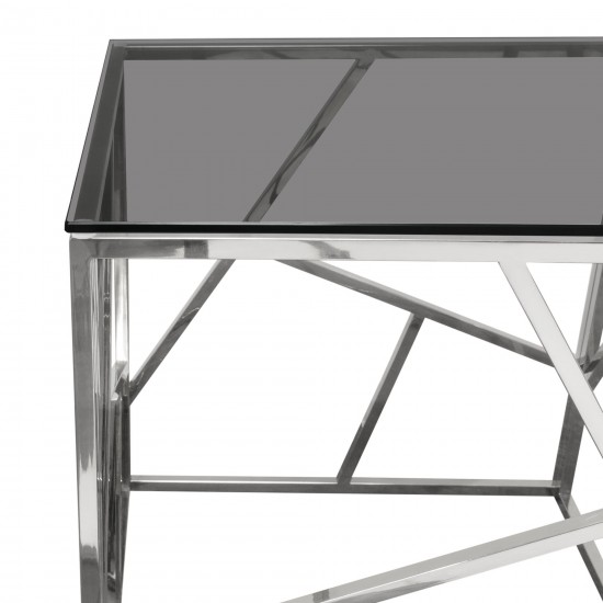 Nest Square End Table with Smoked Tempered Glass Top and Polished Stainless Steel Base by Diamond Sofa