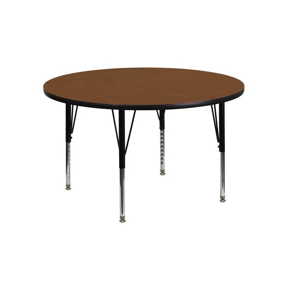 48'' Round Oak HP Laminate Activity Table - Height Adjustable Short Legs