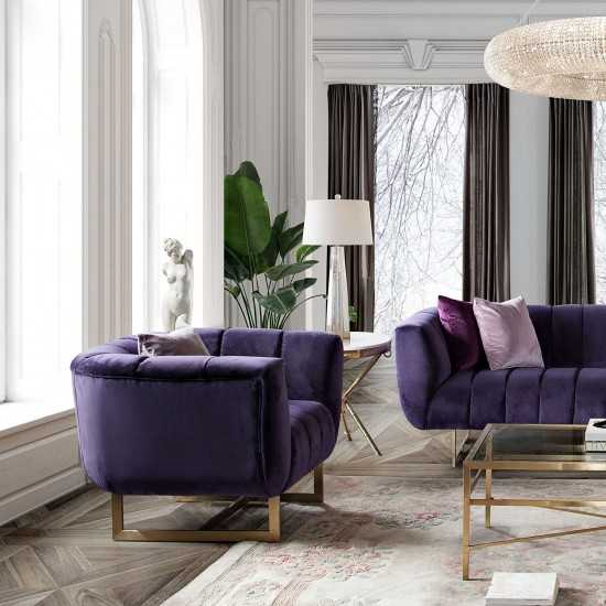 Venus Sofa in Violet Velvet w/ Contrasting Pillows & Gold Finished Metal Base by Diamond Sofa