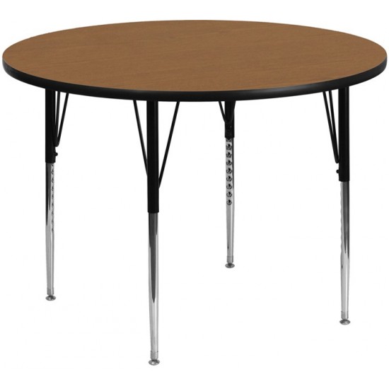 48'' Round Oak Thermal Laminate Activity Table - Standard Height Adjustable Legs