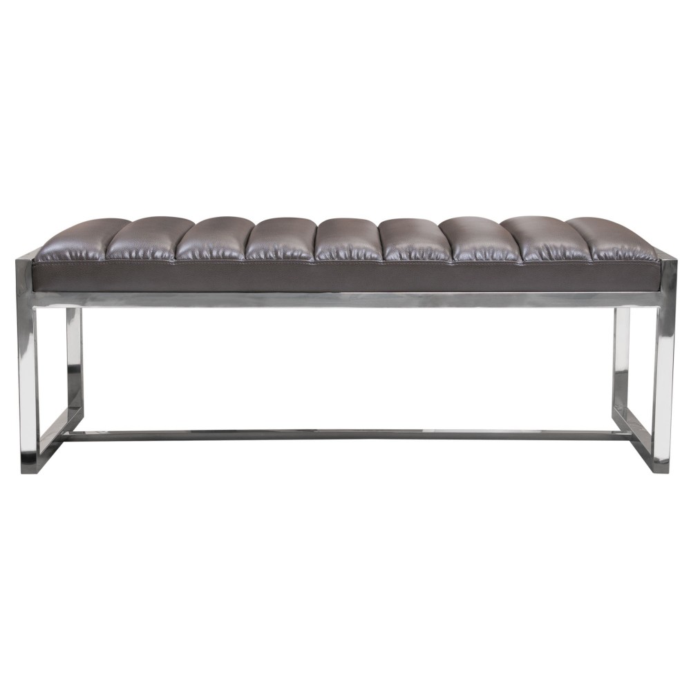 Bardot Large Bench Ottoman w/ Polished Stainless Steel Frame & Padded Seat in Elephant Grey Leatherette by Diamond Sofa