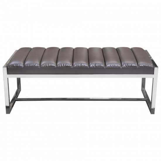 Bardot Large Bench Ottoman w/ Polished Stainless Steel Frame & Padded Seat in Elephant Grey Leatherette by Diamond Sofa