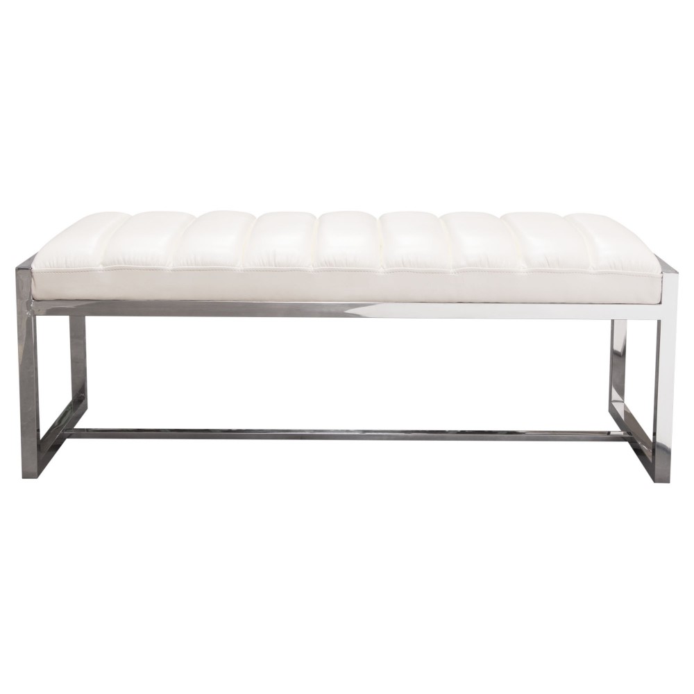 Bardot Large Bench Ottoman w/ Polished Stainless Steel Frame & Padded Seat in White Leatherette by Diamond Sofa