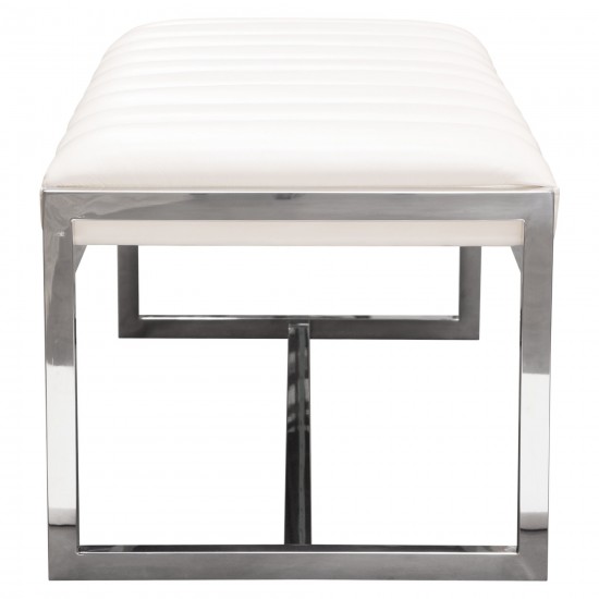 Bardot Large Bench Ottoman w/ Polished Stainless Steel Frame & Padded Seat in White Leatherette by Diamond Sofa