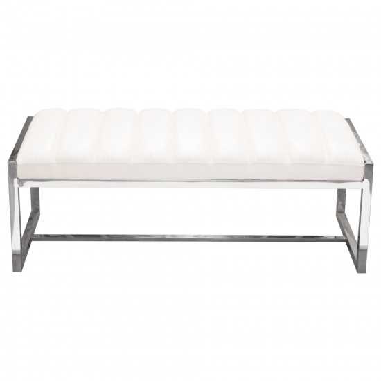 Bardot Large Bench Ottoman w/ Polished Stainless Steel Frame & Padded Seat in White Leatherette by Diamond Sofa