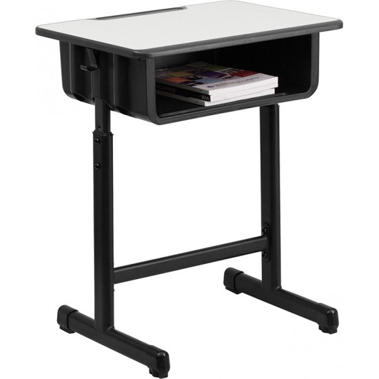 Student Desk with Grey Top and Adjustable Height Black Pedestal Frame