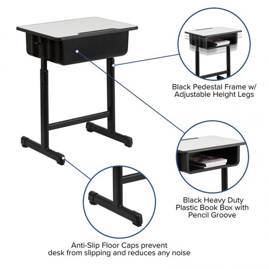 Student Desk with Grey Top and Adjustable Height Black Pedestal Frame