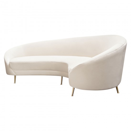 Celine Curved Sofa with Contoured Back in Light Cream Velvet and Gold Metal Legs by Diamond Sofa