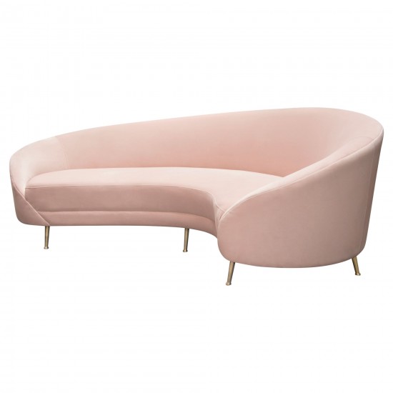 Celine Curved Sofa with Contoured Back in Blush Pink Velvet and Gold Metal Legs by Diamond Sofa