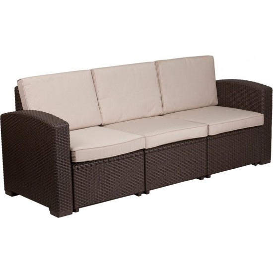 Chocolate Brown Faux Rattan Sofa with All-Weather Beige Cushions