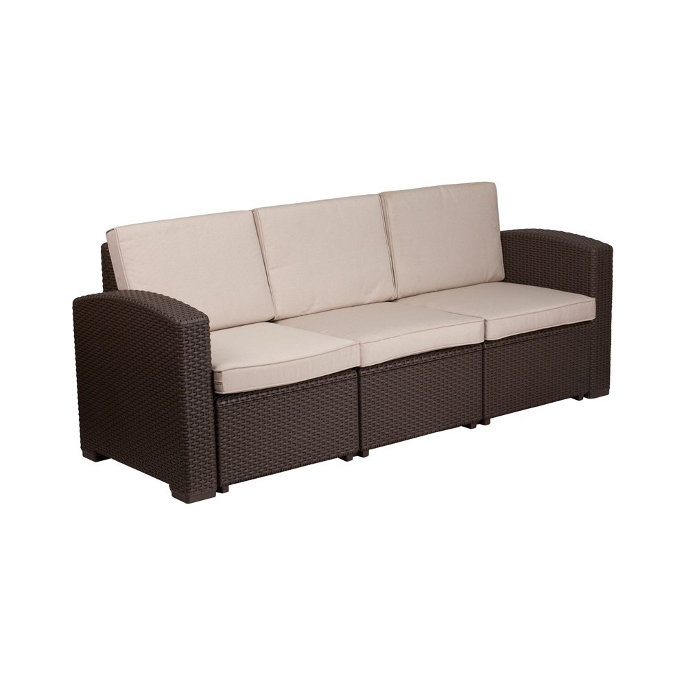 Chocolate Brown Faux Rattan Sofa with All-Weather Beige Cushions Chocolate Brown Faux Rattan Sofa with All-Weather Beige Cushions