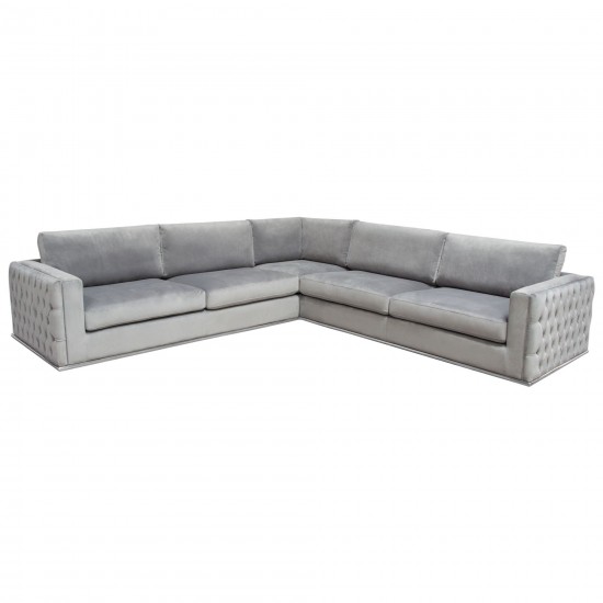 Envy 3PC Sectional in Platinum Grey Velvet with Tufted Outside Detail and Silver Metal Trim by Diamond Sofa