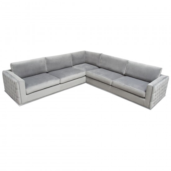 Envy 3PC Sectional in Platinum Grey Velvet with Tufted Outside Detail and Silver Metal Trim by Diamond Sofa