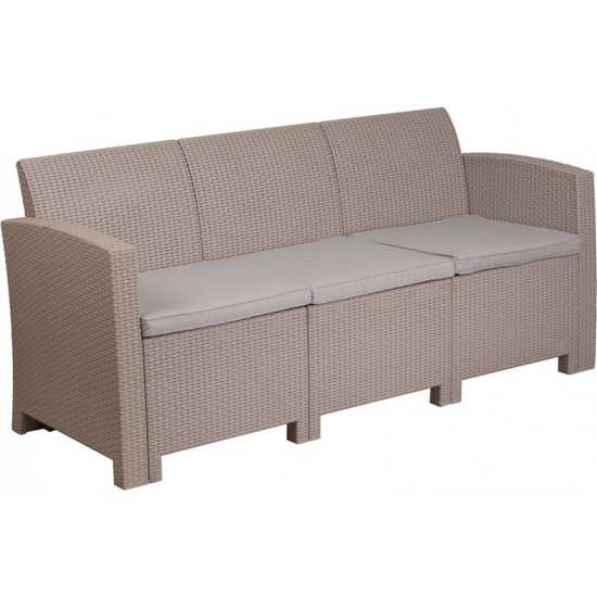 Light Gray Faux Rattan Sofa with All-Weather Light Gray Cushions