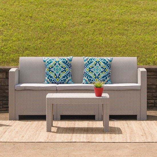 Light Gray Faux Rattan Sofa with All-Weather Light Gray Cushions