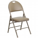 Ultra-Premium Triple Braced Beige Vinyl Metal Folding Chair with Easy-Carry Handle