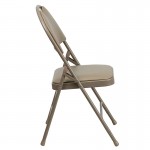 Ultra-Premium Triple Braced Beige Vinyl Metal Folding Chair with Easy-Carry Handle