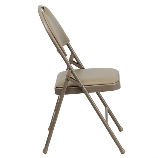 Ultra-Premium Triple Braced Beige Vinyl Metal Folding Chair with Easy-Carry Handle