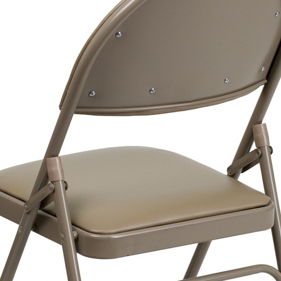 Ultra-Premium Triple Braced Beige Vinyl Metal Folding Chair with Easy-Carry Handle