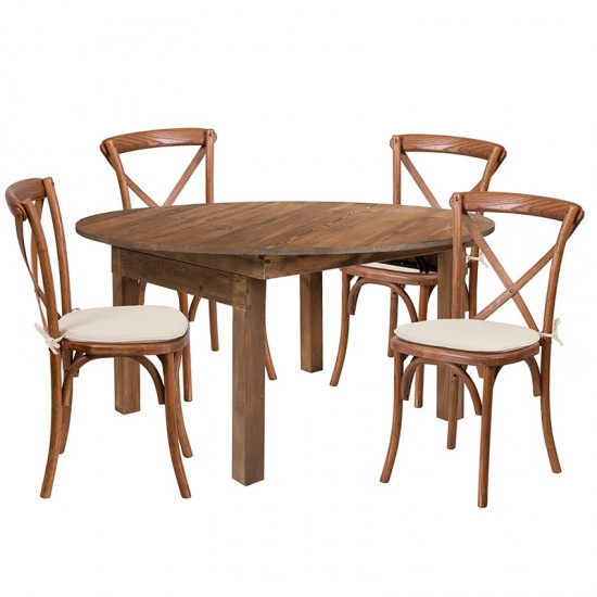 60" Round Solid Pine Folding Farm Dining Table Set with 4 Cross Back Chairs and Cushions