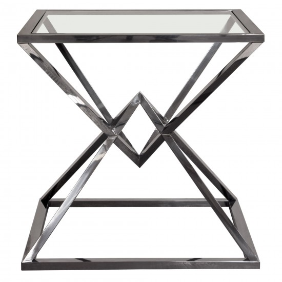 Aria Square Stainless Steel End Table w/ Polished Black Finish Base & Clear, Tempered Glass Top by Diamond Sofa