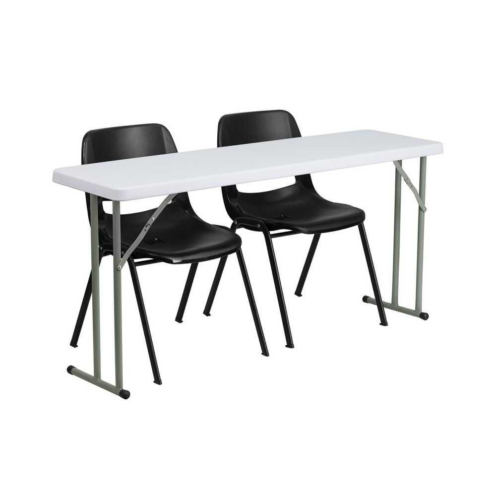 5-Foot Plastic Folding Training Table Set with 2 Black Plastic Stack Chairs