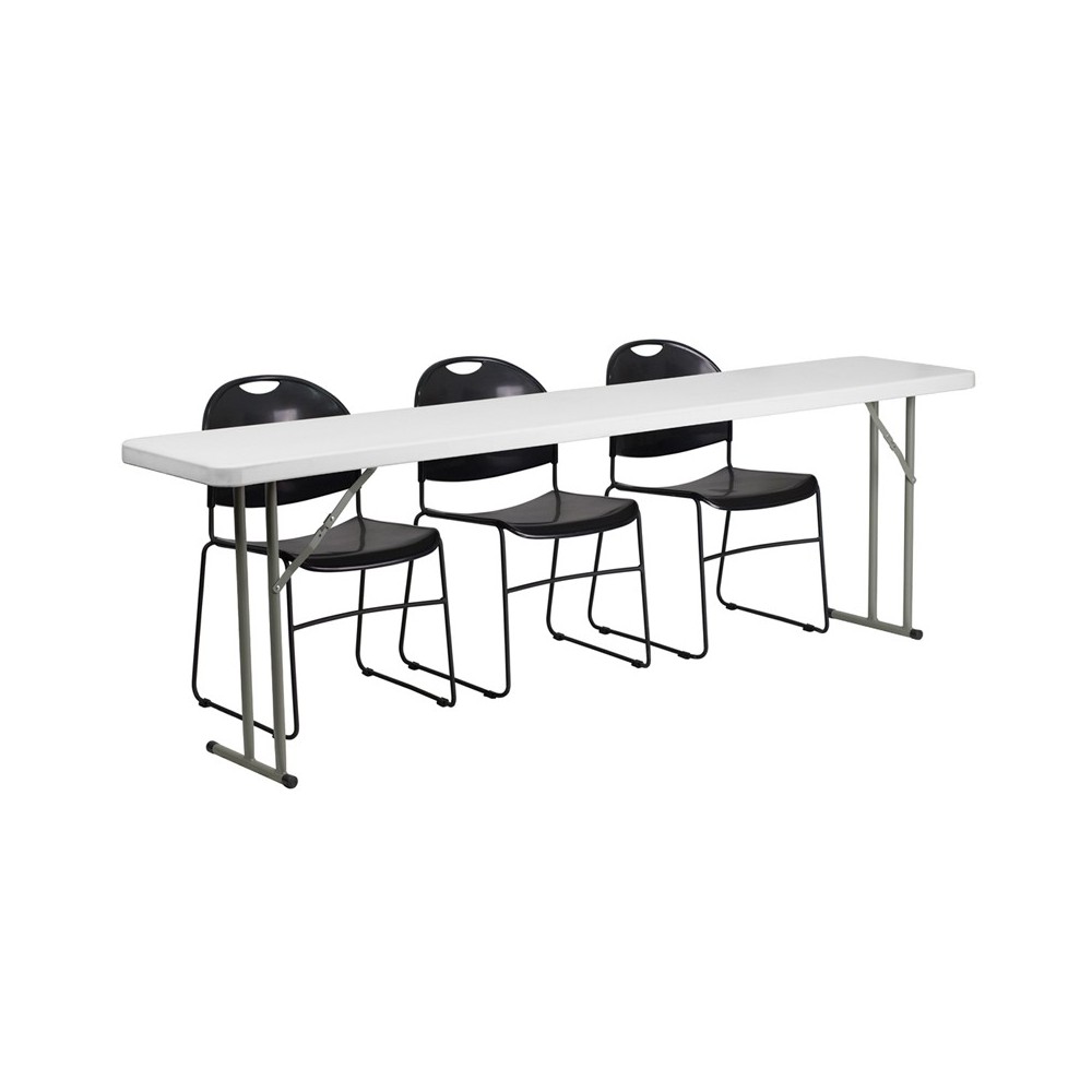 8-Foot Plastic Folding Training Table Set with 3 Black Plastic Stack Chairs