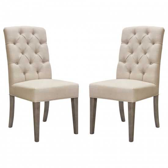 Set of Two Napa Tufted Dining Side Chairs in Sand Linen Fabric with Wood Legs in Grey Oak Finish by Diamond Sofa