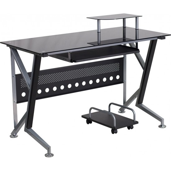 Black Glass Computer Desk with Pull-Out Keyboard Tray and CPU Cart