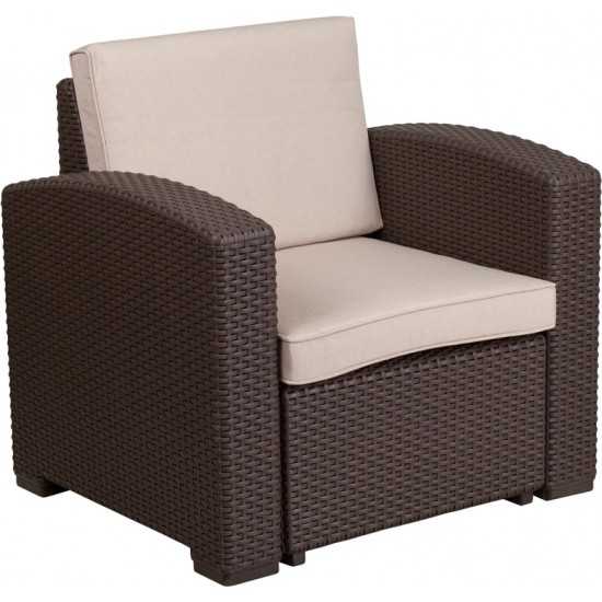 Chocolate Brown Faux Rattan Chair with All-Weather Beige Cushion