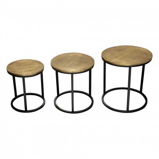 Legion 3PC Nesting Set of Accent Tables w/ Hammered Brass Tops & Black Iron Base by Diamond Sofa