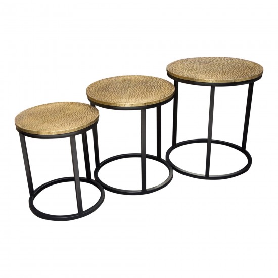Legion 3PC Nesting Set of Accent Tables w/ Hammered Brass Tops & Black Iron Base by Diamond Sofa