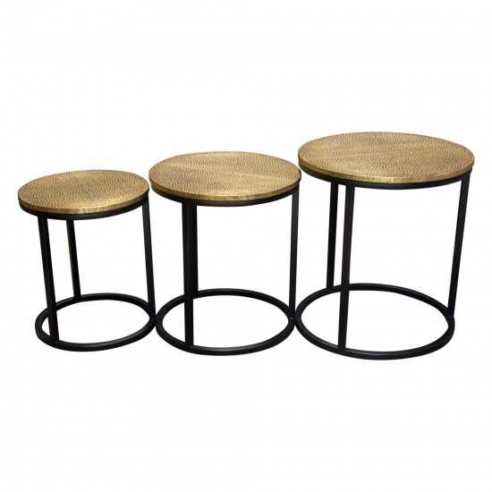 Legion 3PC Nesting Set of Accent Tables w/ Hammered Brass Tops & Black Iron Base by Diamond Sofa