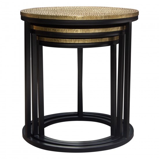 Legion 3PC Nesting Set of Accent Tables w/ Hammered Brass Tops & Black Iron Base by Diamond Sofa