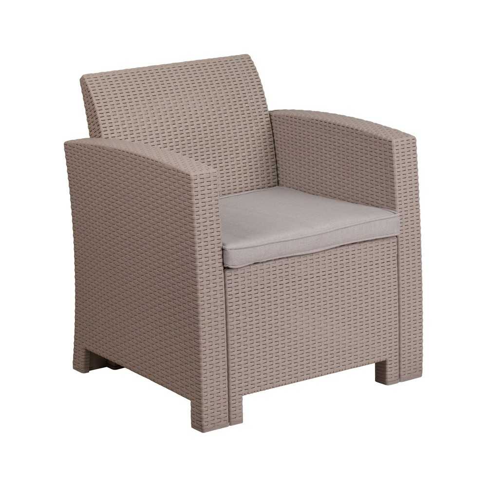 Light Gray Faux Rattan Chair with All-Weather Light Gray Cushion