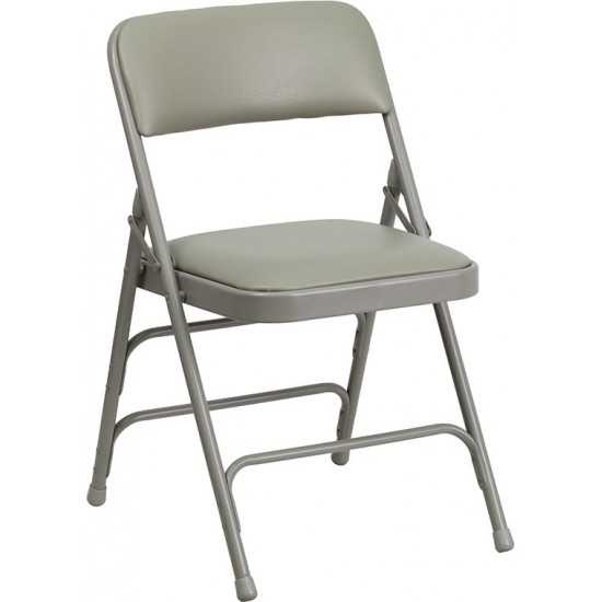 Curved Triple Braced & Double Hinged Gray Vinyl Metal Folding Chair