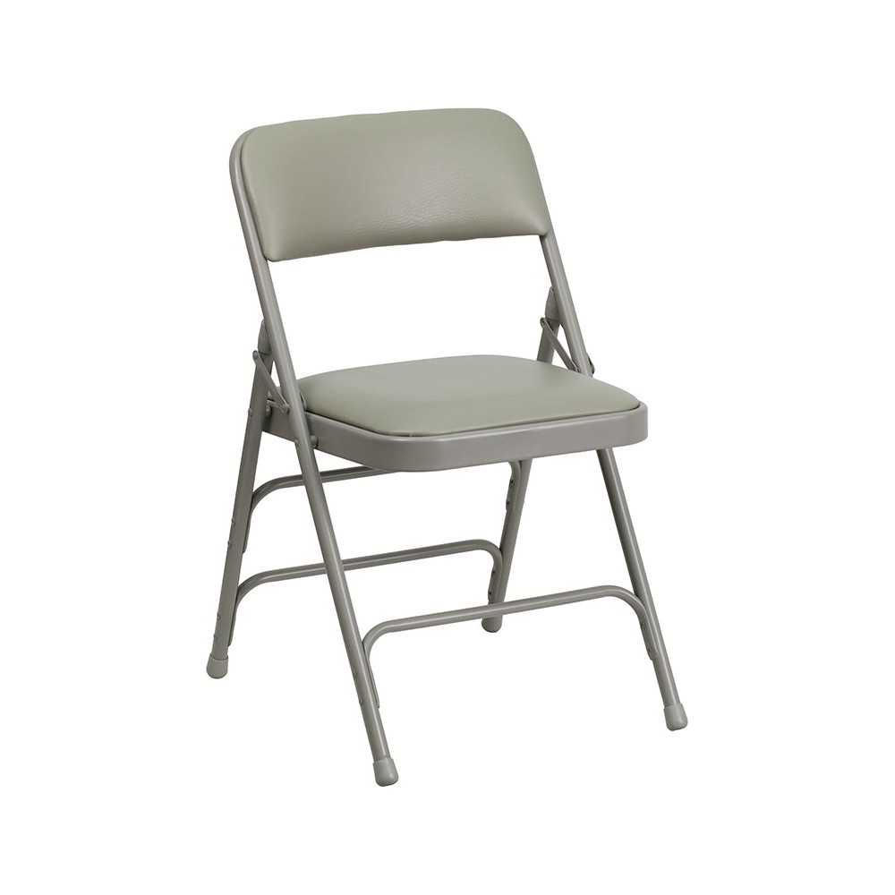 Curved Triple Braced & Double Hinged Gray Vinyl Metal Folding Chair