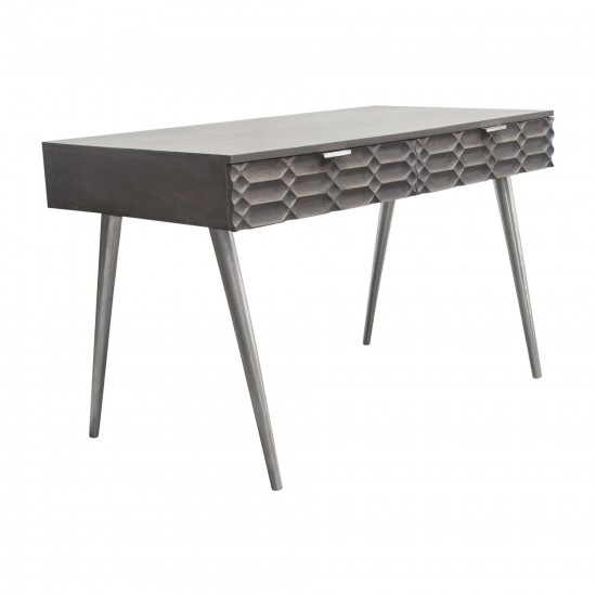 Petra Solid Mango Wood 2-Drawer Writing Desk in Smoke Grey Finish w/ Nickel Legs by Diamond Sofa