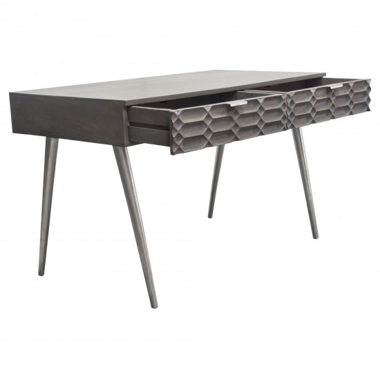 Petra Solid Mango Wood 2-Drawer Writing Desk in Smoke Grey Finish w/ Nickel Legs by Diamond Sofa