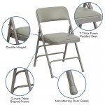 Curved Triple Braced & Double Hinged Gray Vinyl Metal Folding Chair