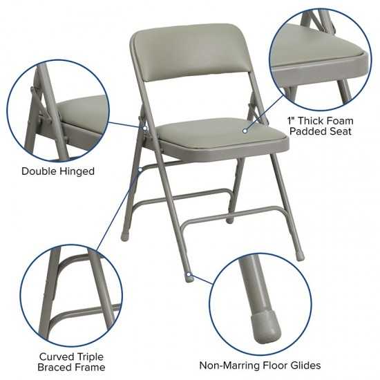 Curved Triple Braced & Double Hinged Gray Vinyl Metal Folding Chair