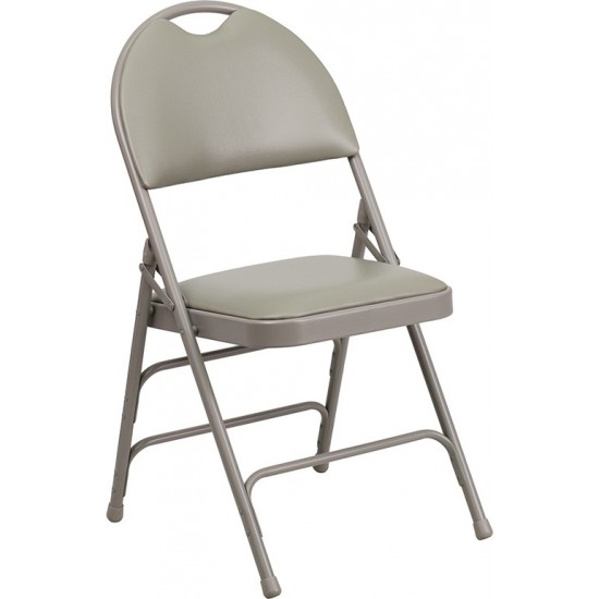 Ultra-Premium Triple Braced Gray Vinyl Metal Folding Chair with Easy-Carry Handle