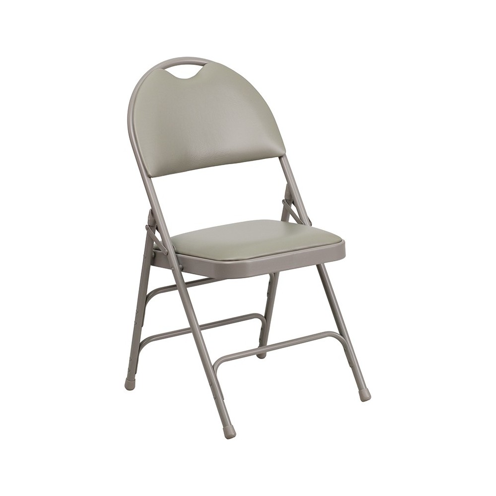 Ultra-Premium Triple Braced Gray Vinyl Metal Folding Chair with Easy-Carry Handle