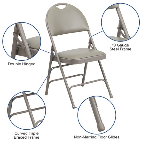 Ultra-Premium Triple Braced Gray Vinyl Metal Folding Chair with Easy-Carry Handle