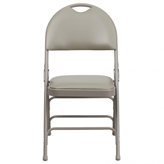 Ultra-Premium Triple Braced Gray Vinyl Metal Folding Chair with Easy-Carry Handle