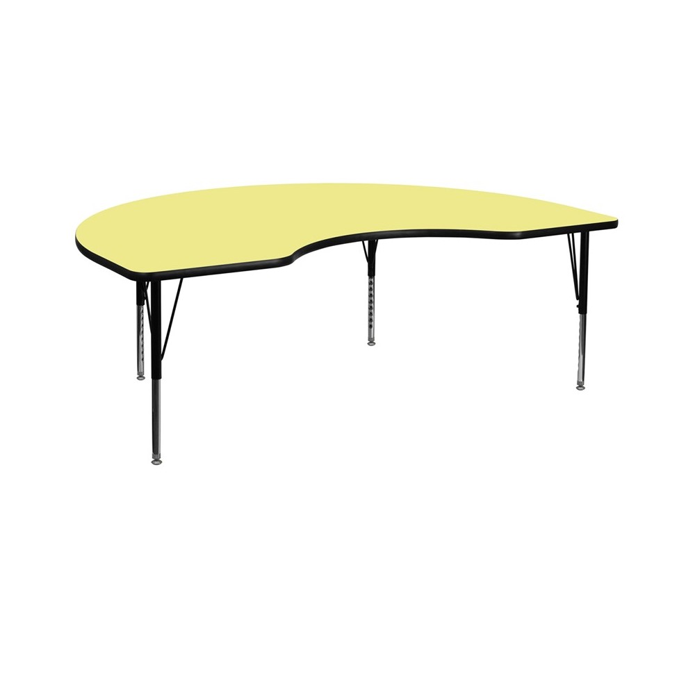 48''W x 72''L Kidney Yellow Thermal Laminate Activity Table - Height Adjustable Short Legs