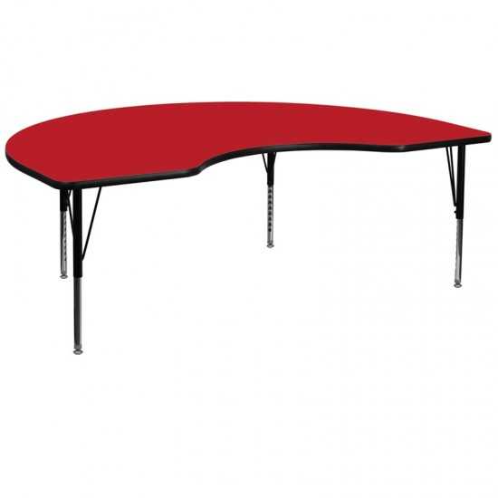 48''W x 96''L Kidney Red HP Laminate Activity Table - Height Adjustable Short Legs