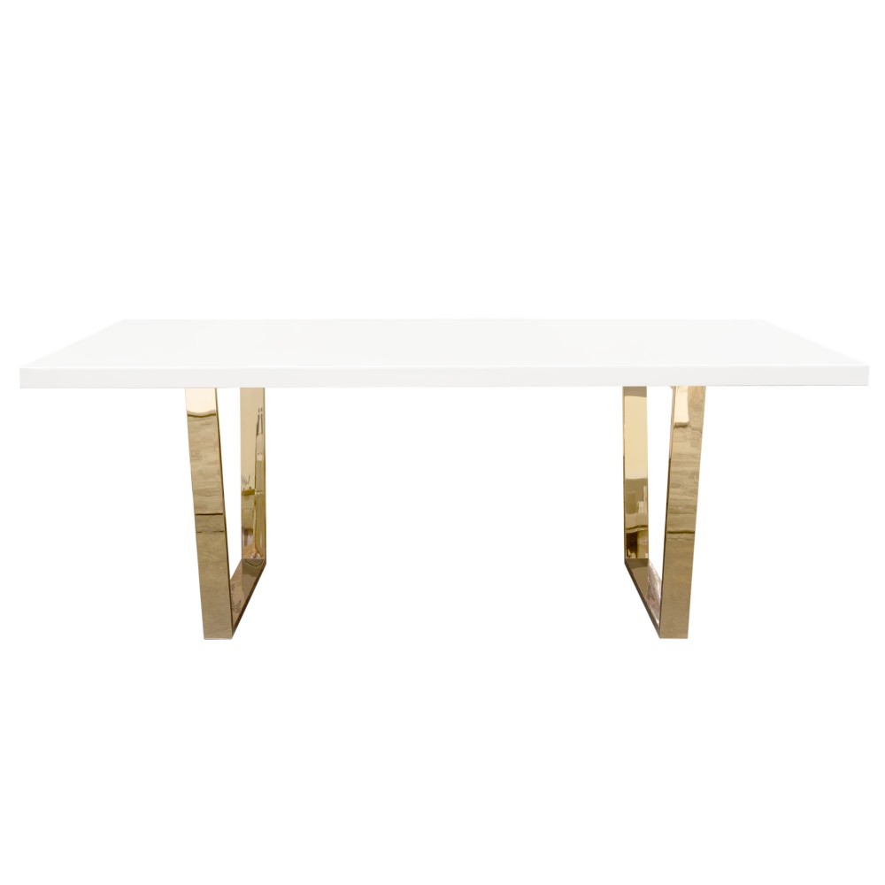 Mirage Rectangular Dining Table w/ White Lacquer Top and Polished Gold Metal Base by Diamond Sofa