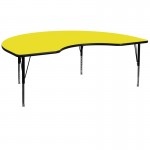 48''W x 96''L Kidney Yellow HP Laminate Activity Table - Height Adjustable Short Legs