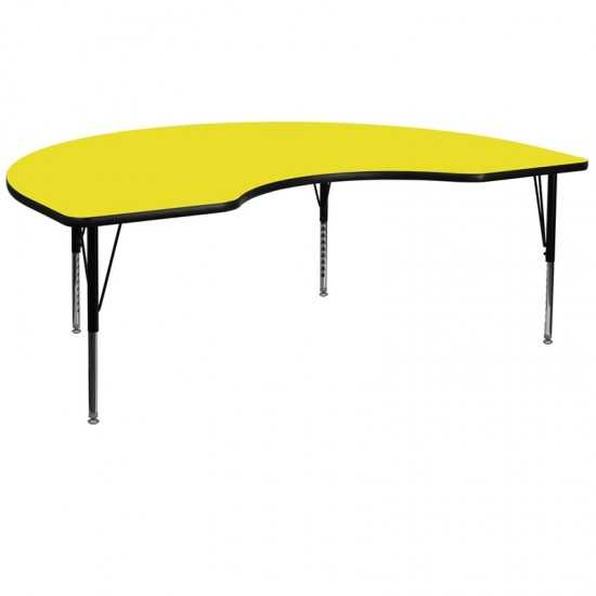 48''W x 96''L Kidney Yellow HP Laminate Activity Table - Height Adjustable Short Legs